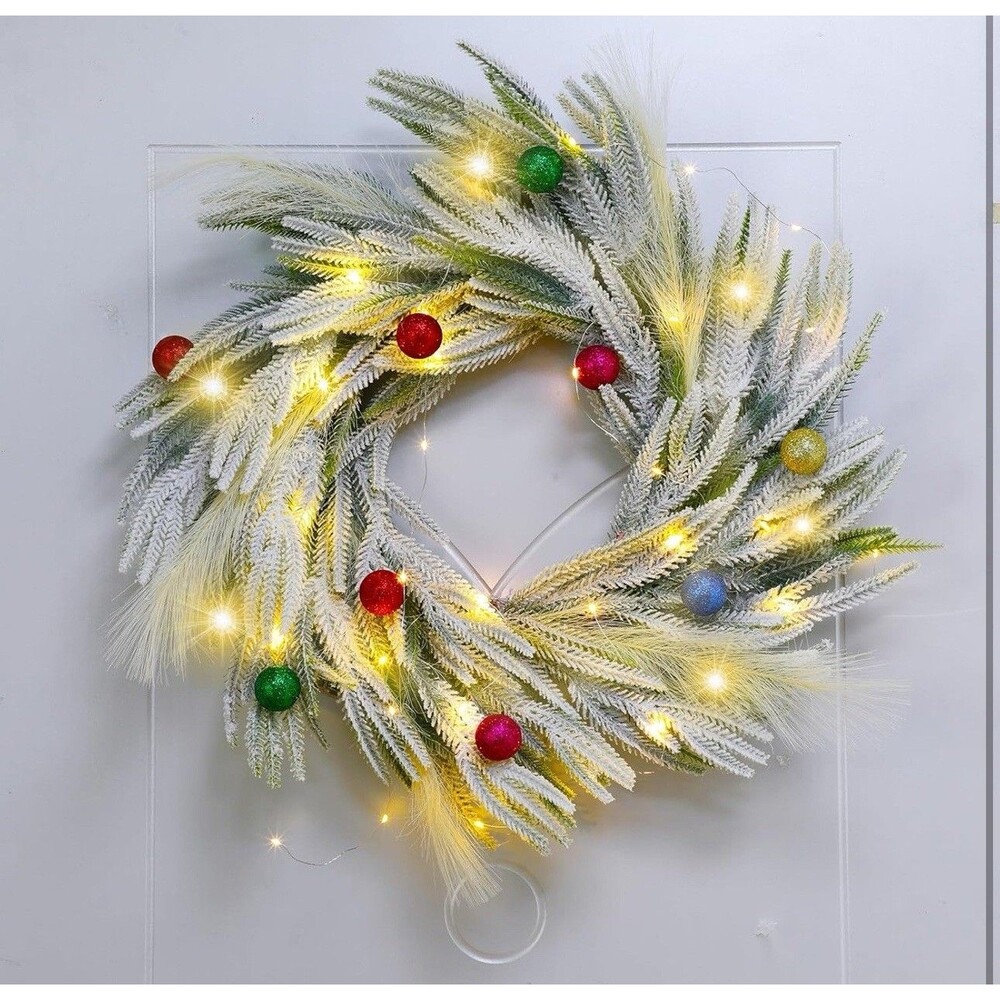 24" Lighted Norfolk Pine  Christmas Wreath with Pampas Pre Lit Multicolor